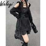 Harajuku Y2K Punk Loose Hoodies Dress Two Pieces Suit Women Socks Grey T-Shirts Vestidos Long Sleeve College Girls Dresses Sets