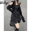 Harajuku Y2K Punk Loose Hoodies Dress Two Pieces Suit Women Socks Grey T-Shirts Vestidos Long Sleeve College Girls Dresses Sets