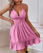 Sexy Wrap Bust Deep V Neck Double Suspenders Dresses Women Backless Stretch High Waist Dress Daily Casual Female Ruffle Hem Gown