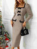 Bow Plaid Square Neck Puff Sleeve Dress