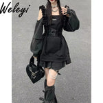 Harajuku Y2K Punk Loose Hoodies Dress Two Pieces Suit Women Socks Grey T-Shirts Vestidos Long Sleeve College Girls Dresses Sets