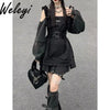 Harajuku Y2K Punk Loose Hoodies Dress Two Pieces Suit Women Socks Grey T-Shirts Vestidos Long Sleeve College Girls Dresses Sets
