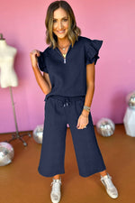 Black Textured Flutter Sleeve Top Wide Leg Pants Set