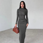 Autumn Elegant Ruched Long Bodycon Dress Fashion Outfits for Women Club Party Slinky Sexy Dresses Birthday Robes