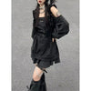 Harajuku Y2K Punk Loose Hoodies Dress Two Pieces Suit Women Socks Grey T-Shirts Vestidos Long Sleeve College Girls Dresses Sets