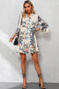 White Printed Tribal Print Bracelet Sleeve Buttoned Mini Dress