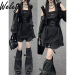 Harajuku Y2K Punk Loose Hoodies Dress Two Pieces Suit Women Socks Grey T-Shirts Vestidos Long Sleeve College Girls Dresses Sets