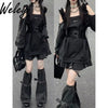 Harajuku Y2K Punk Loose Hoodies Dress Two Pieces Suit Women Socks Grey T-Shirts Vestidos Long Sleeve College Girls Dresses Sets