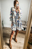 White Printed Tribal Print Bracelet Sleeve Buttoned Mini Dress