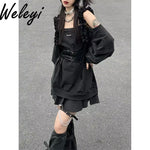 Harajuku Y2K Punk Loose Hoodies Dress Two Pieces Suit Women Socks Grey T-Shirts Vestidos Long Sleeve College Girls Dresses Sets