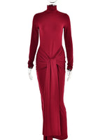 High Neck Long Sleeve Bodycon Dress for Women Tight Elastic Lace up Maxi Long Dress Autumn 2023 New Party Club Vestidos