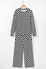 Beige Checkered Print Long Sleeve Top and Pants Lounge Set