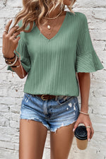 Textured V-Neck Flounce Sleeve Blouse