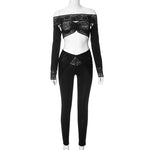 Women Sexy Lace Patchwork Slim Fit 2 Piece Set Spring 2024 Slash Neck Strapless Crop Top Fashion Pants Casual Streetwear Outfits