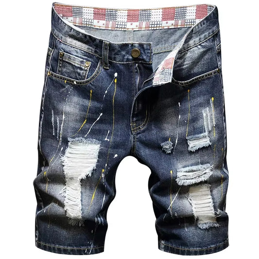 Summer Men'S Jeans Trend Beggar Quarter Pants Ripped Denim Shorts Loose Straight Painted