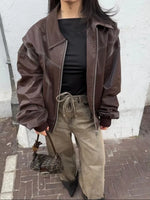 Casual Zipper Solid Color Women'S Pu Leather Jacket Retro Lapel Long Sleeved Short Coat 2024 Ladies High Street Fall Outerwears