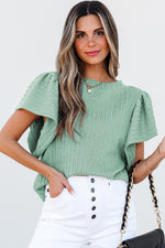 Moonlight Jade Solid Color Textured Flutter Sleeve Top
