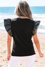 Black Leather Ruffle Sleeve Patchwork Round Neck Blouse