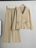 Fall Winter Women'S Knit Sweater Sets Large Gold Button V-Neck Cardigan Coats Conjunto High Waist Baggy 95Cm Wide Leg Pants Suit