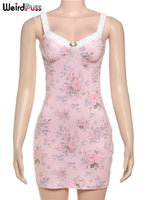 Elegant Dress Women Y2K Spring Trend Flowers Print Romantic Low-Neck Applique Sleeveless White Lace Mini Bodycon