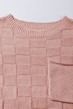 Bright Pink Lattice Textured Knit Short Sleeve Sweater