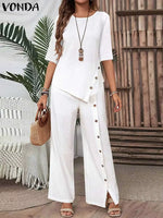 Fashion Women Pants Sets 2024 Elegant Suits Casual Irregular Hem Button up Half Sleeve Shirt and Loose Straight Leg Pants