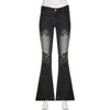 Vintage Plant Printed Flared Jeans Y2K Streetwear Low Waist Slim Denim Pant 2000S Washed High Street Women Trousers New