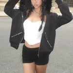 Faux Fur Collar Hooded Zip up Hoodies Gothic Grunge Pockets Autumn Black Jackets Female Y2K Streetwear Egirl Cardigans