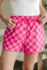 Black Checkered Drawstring Elastic Waist Casual Shorts