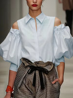 Modigirl Spring New Fashion Women Tuxedo Blouse Shirts 2025 Summer Cold Shoulder Office Party Leisure Black Tops for Women