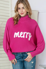 Red Merry Letter Embroidered High Neck Sweater