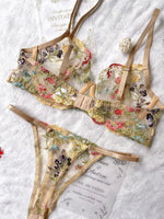 Floral Embroidery Lingerie Set Women Sheer 2-Piece Boho Bra + Panty Underwear Set Intimates