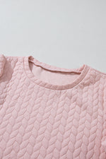Rose Red Cable Textured Puff Sleeve Sweatshirt