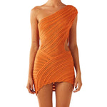 Women Skinny Mini Dress Evening Party Summer Clothes Solid Color Sleeveless One Shoulder See through Dress Sexy Club