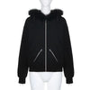 Faux Fur Collar Hooded Zip up Hoodies Gothic Grunge Pockets Autumn Black Jackets Female Y2K Streetwear Egirl Cardigans