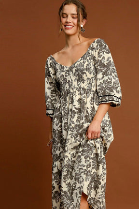 Umgee Ruffle Hem Flower Printed V-Neck Dress