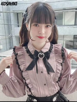 Japanese Kawaii Lace Ruffle Shirt Women Y2K Pink Bow Blouse Harajuku Cute Ladies Tops 2024 New Fashion Lolita Blusas Femme