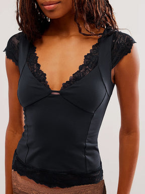 Lace Detail V-Neck Cap Sleeve Top