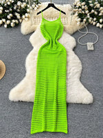SINGREINY Summer Solid Knitting Dress Women Sleeveless Hollow Out Slim Elastic Vacation Streetwear 2024 New Style Strap Dress