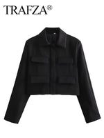 Spring Jacket for Women Slim Cropped Coat Elegant Solid Long Sleeve Jacket Front Flap Pocket Outerwear Fashion Streetwear