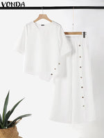 Fashion Women Pants Sets 2024 Elegant Suits Casual Irregular Hem Button up Half Sleeve Shirt and Loose Straight Leg Pants