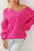 Rose Red Pearl Embellished Fuzzy Hearts V Neck Sweater