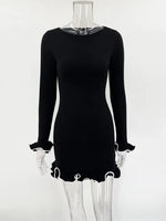 Fashion Women'S Knit Mini Dress Ruffled Autumn High Waist Elegant Slim Party Dress Patchwork Knitwear Sweater Female Dress