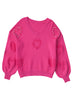 Rose Red Pearl Embellished Fuzzy Hearts V Neck Sweater
