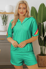 Sea Green Rainbow Colorblock Collared Short Sleeve Top 2 Piece Shorts Set