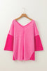 Exposed Seam V-Neck Three-Quarter Sleeve Blouse