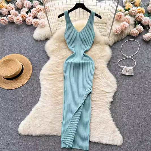 Women V Neck Solid Ribben Knitted Dresses Casual All Match Slimple Sexy Package Hips Bodycon Dress Elegant Vestidos Streetwear