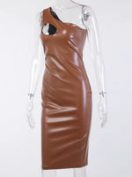 Sexy PU Leather Chest Front Hollow Out Slim Bodycon Dress Women Sleeveless off One Shoulder Evening Long Dress Club Party
