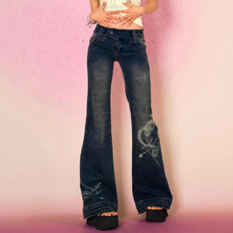 Y2K Low Rise Flare Jeans for Woman Streetwear Aesthetic Print Jean Pants Vintage Washed Denim Trouser Grunge Fairycore