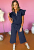 Black Textured Flutter Sleeve Top Wide Leg Pants Set